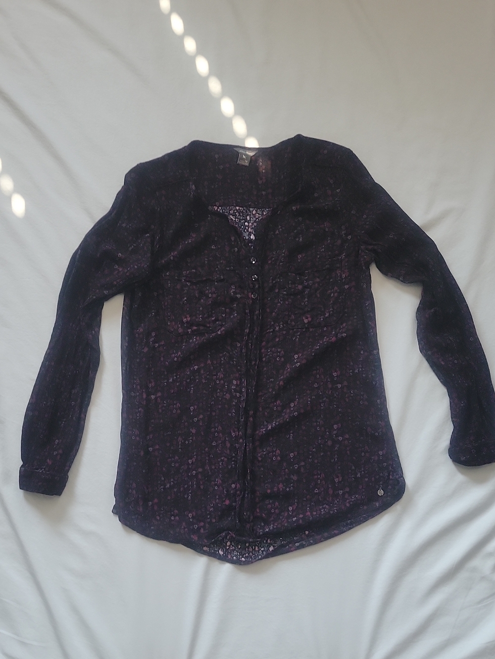 Eddie Bauer Black Floral-Print Button Placket Pocket Blouse